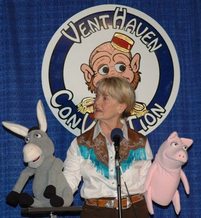 Performer Barbara Baxter with DONKEY puppet.